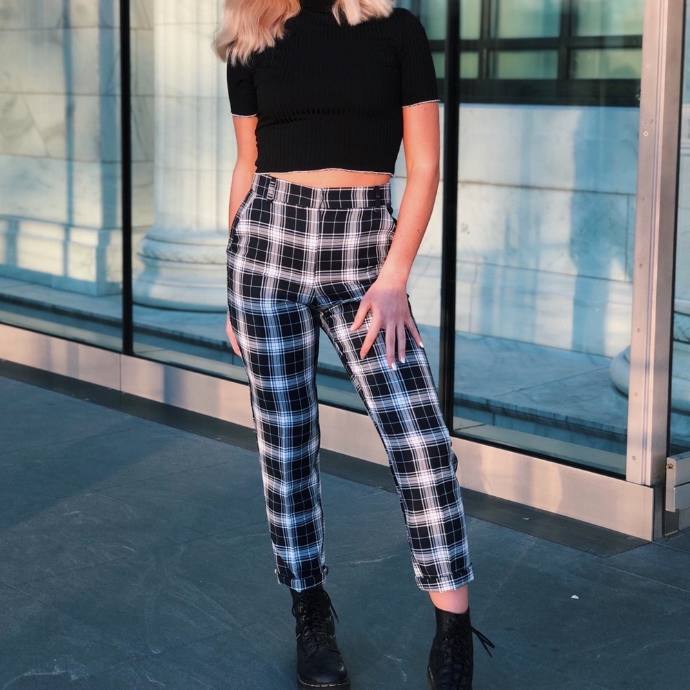 Navy and white plaid dress pants trousers